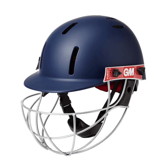 Front angle view of GM Purist GEO II helmet in navy with steel grill and dial adjuster