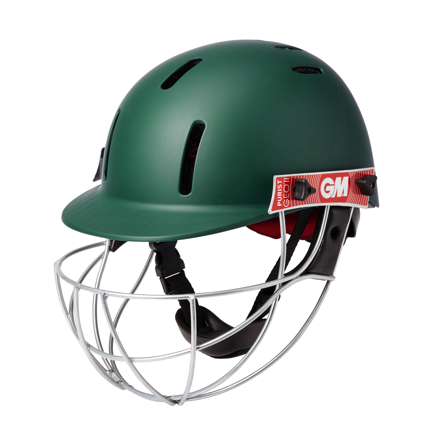 Side angle view of GM Purist GEO II helmet in green showing grill and chin strap

