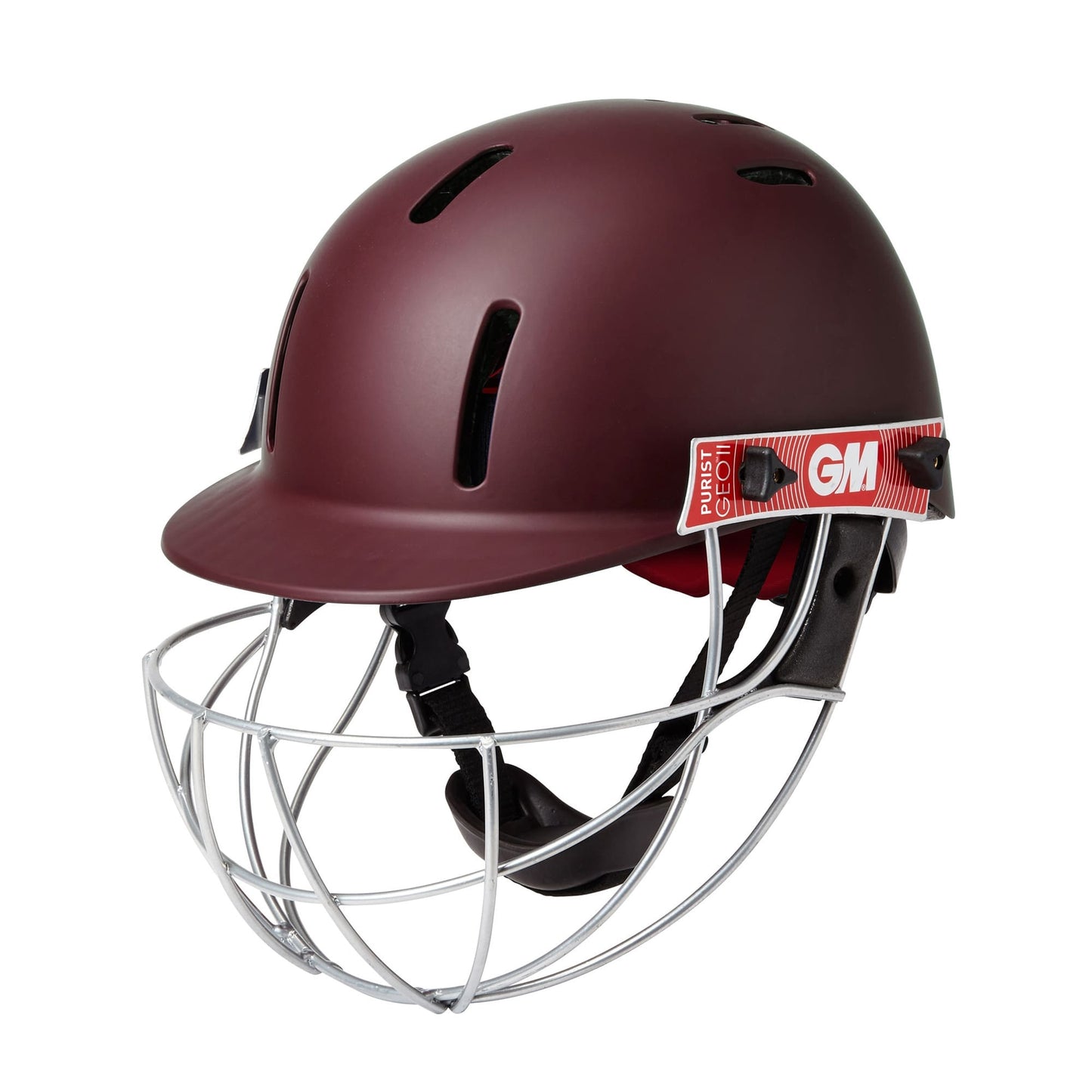 Side angle view of GM Purist GEO II helmet in maroon with steel grill