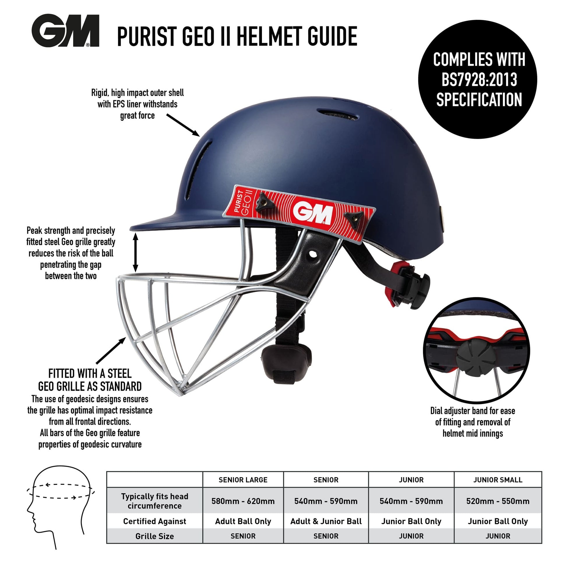 GM Purist GEO II helmet size guide chart and fit instructions