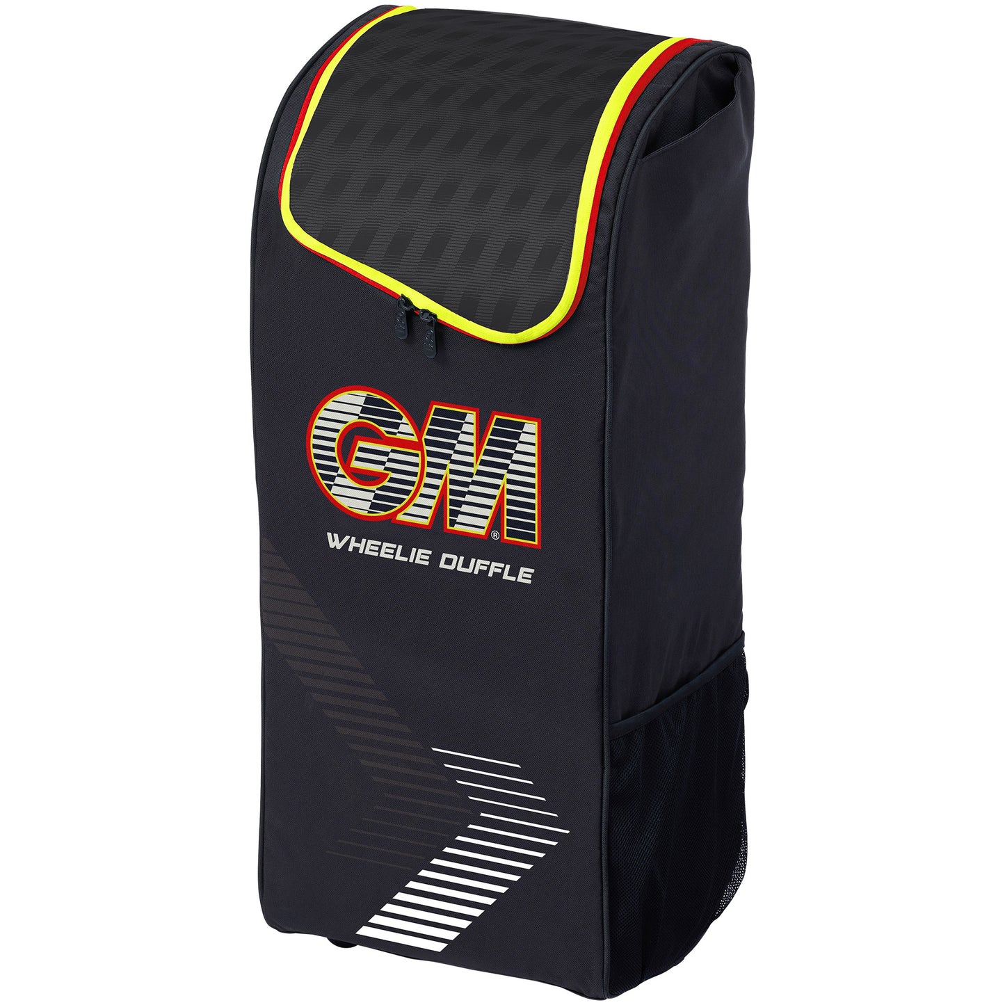 Front view of the GM Rival Wheelie Duffle cricket bag showing GM branding and compact design.