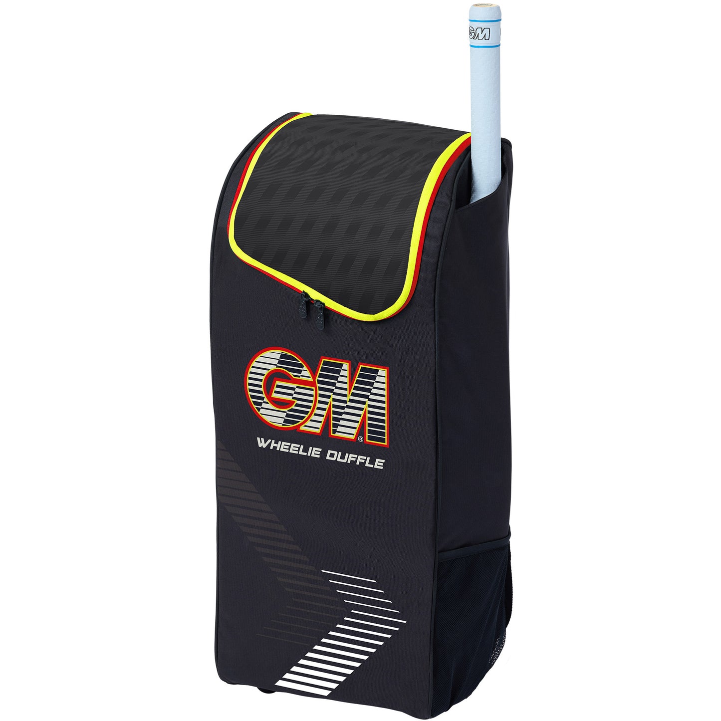 Side view of the GM Rival Wheelie Duffle cricket bag highlighting the wheelie structure.