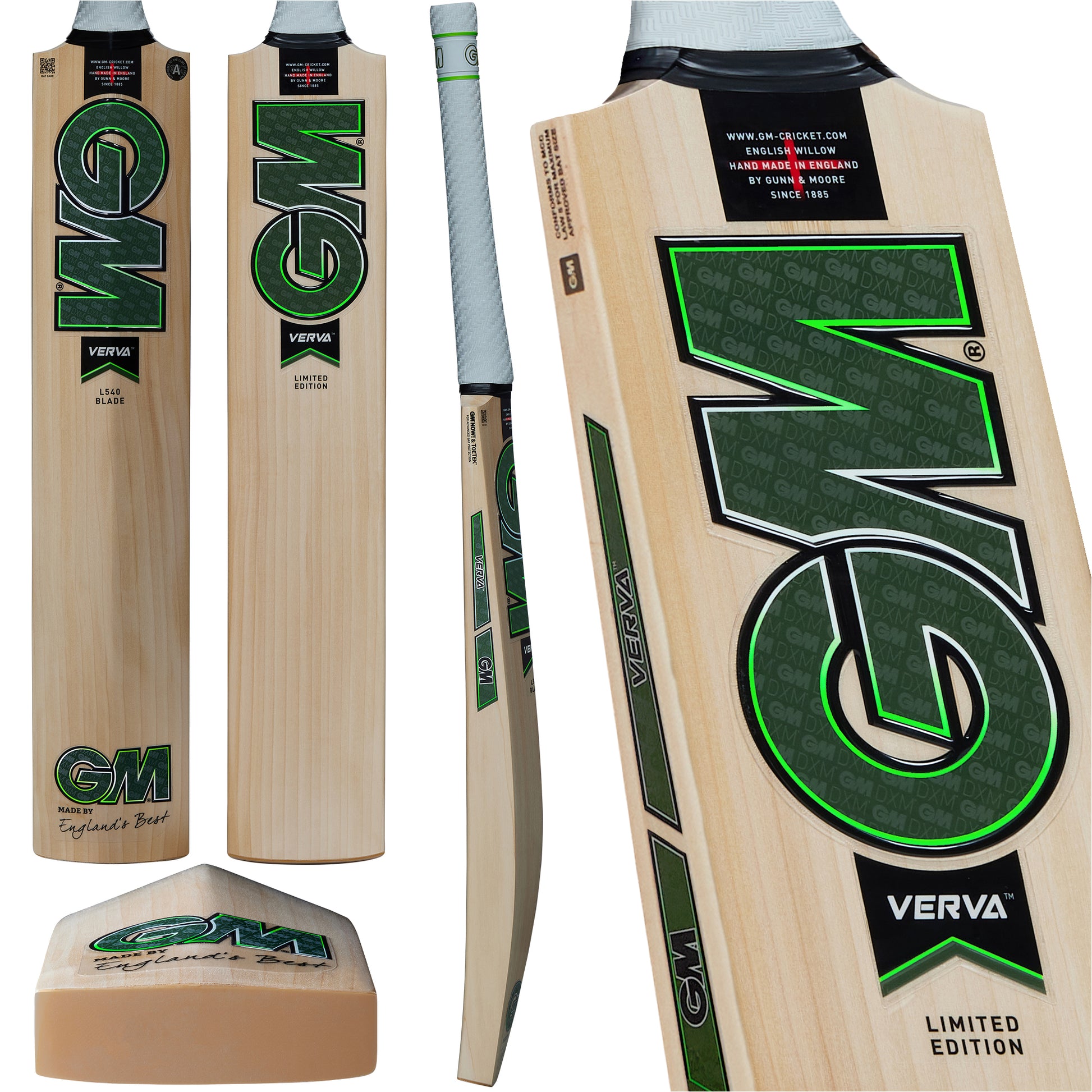 Triple angle view showing front, back and side of GM Verva 606 cricket bat