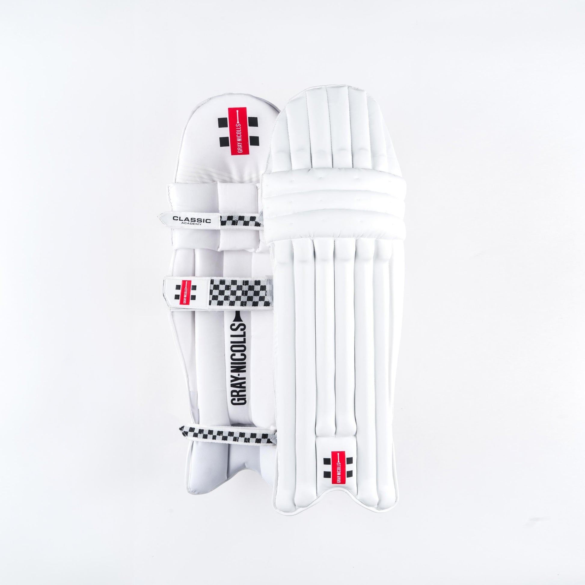 Front and back view of Gray-Nicolls Classic Academy batting pads showing protection design