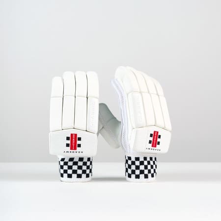 Front view of Gray-Nicolls Classic Academy Batting Gloves with red logo and checkered wristband