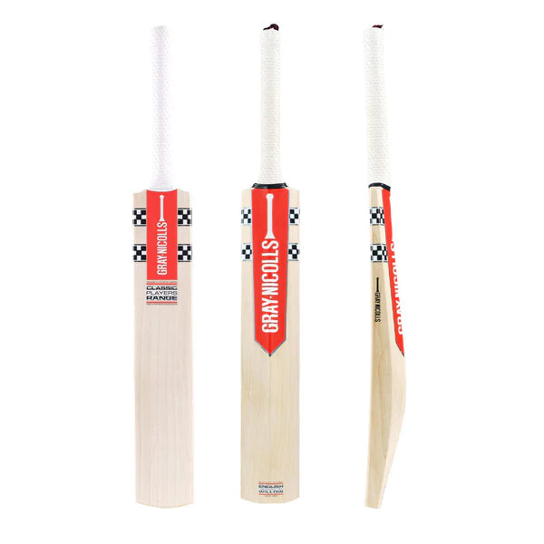 Triple view of the Gray-Nicolls Classic Players cricket bat showing front, back, and side profile with signature red and black checkered decals