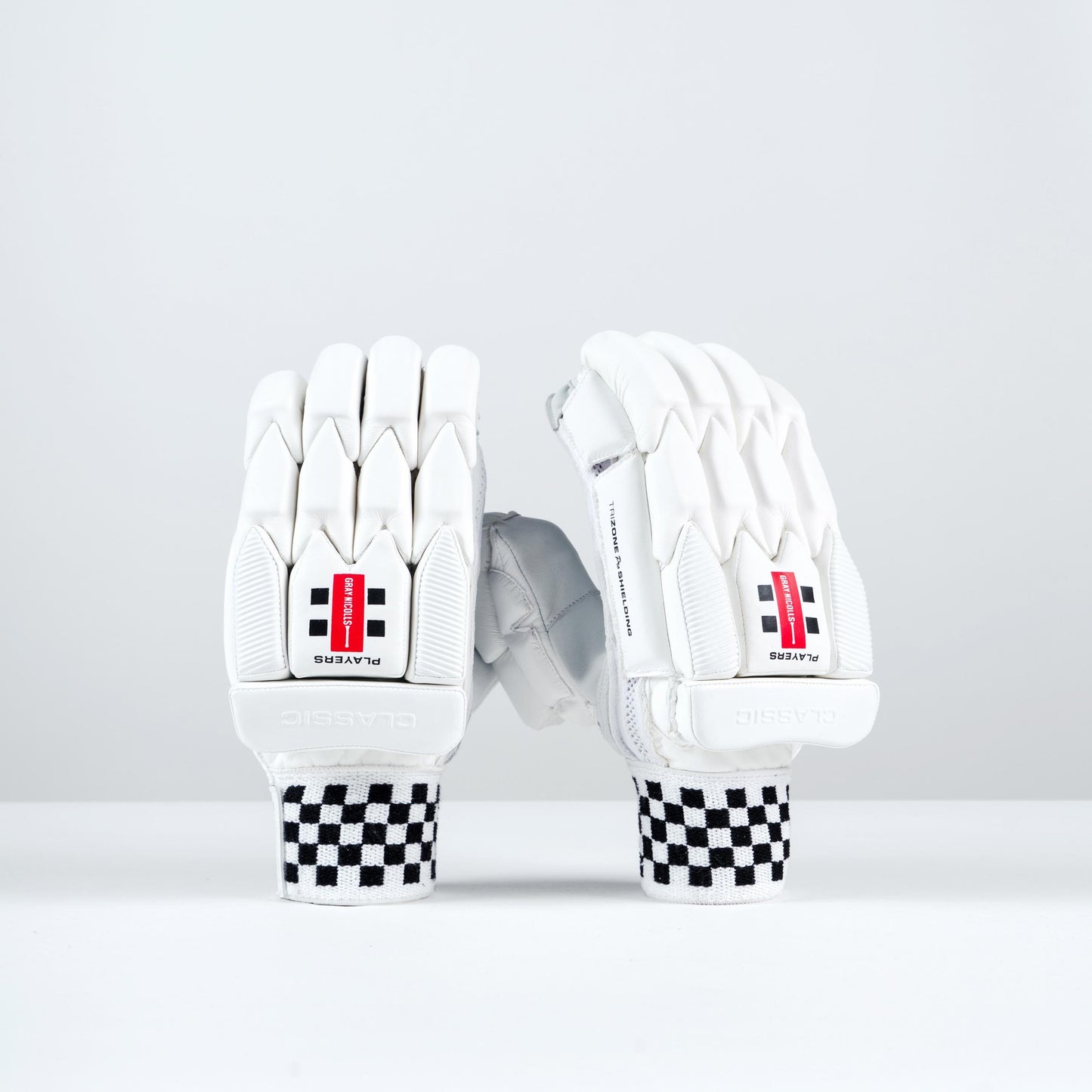 front view of Gray-Nicolls Classic Players Batting Gloves with checkered wristbands