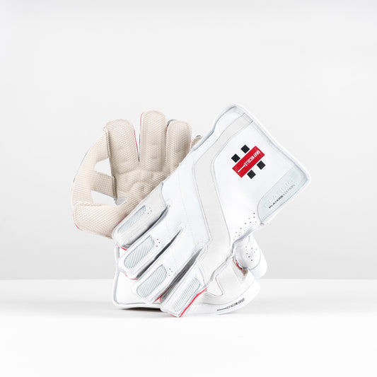 front view of Gray-Nicolls Classic Players Edition Wicket Keeping Gloves in white leather