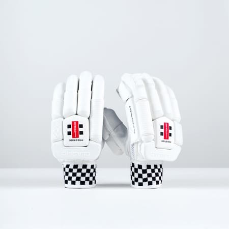 Front view of Gray-Nicolls Classic Prestige Batting Gloves in white with red logo and checkered wrist strap