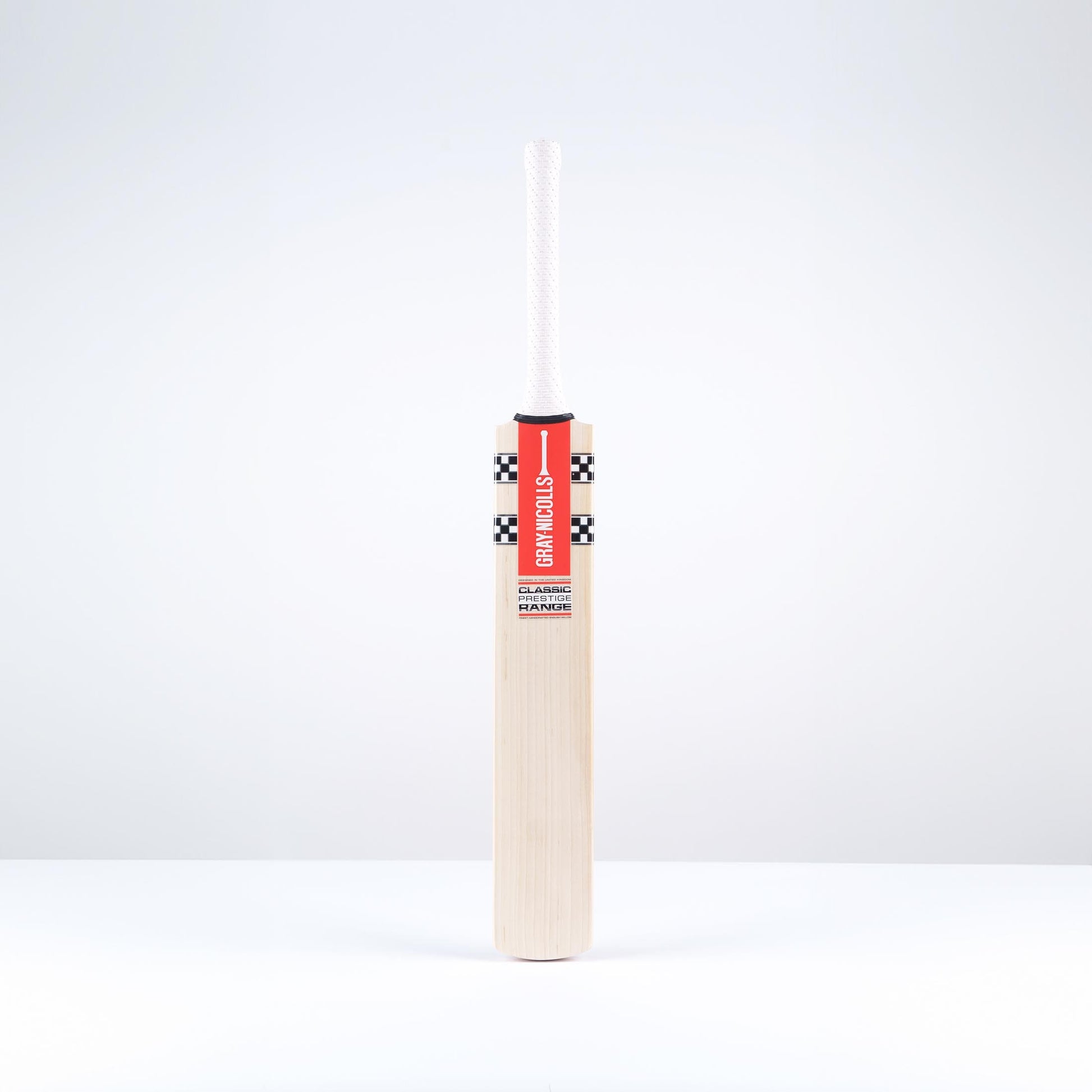 Front view of Gray-Nicolls Classic Prestige Junior cricket bat with red and black stickers