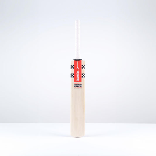 Front view of Gray-Nicolls Classic Prestige Junior cricket bat with red and black stickers