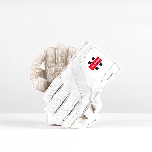 Gray-Nicolls Classic Prestige wicketkeeping gloves in white showing palm grip and backhand with red logo