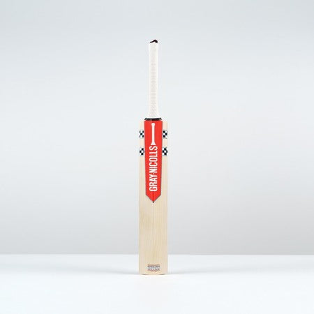 Rear view of the Gray-Nicolls Classic Pro Performance cricket bat featuring bold red sticker and traditional profile.