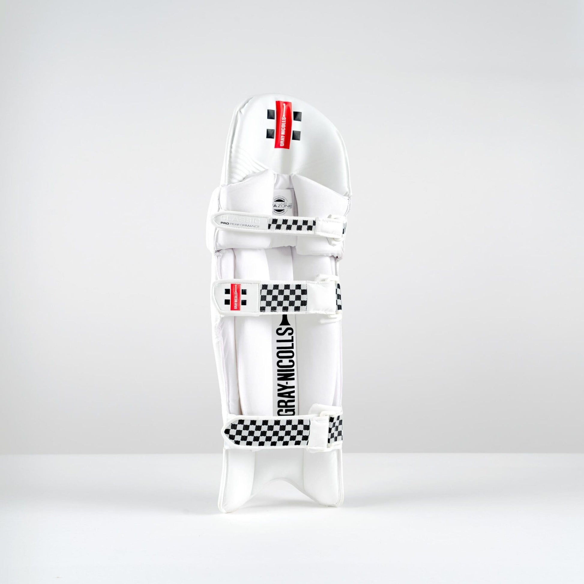 Close-up of rear panel of Gray-Nicolls Classic Pro Performance pads showing red logo and high-density foam support