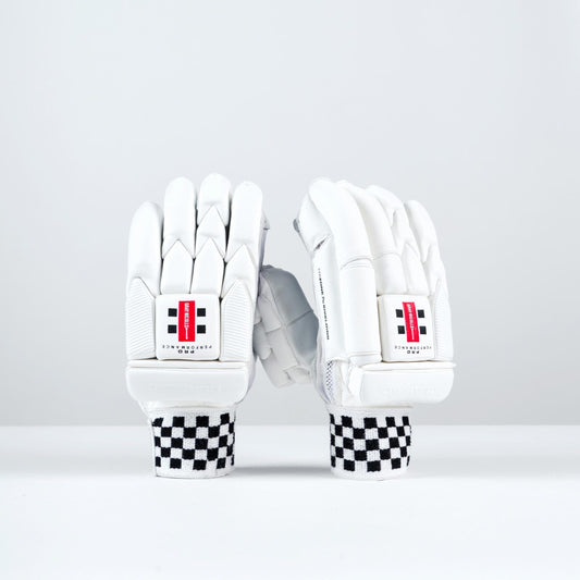 Gray-Nicolls Classic Pro Performance Batting Gloves in white, showing full front and back design with red logo and checkered cuff