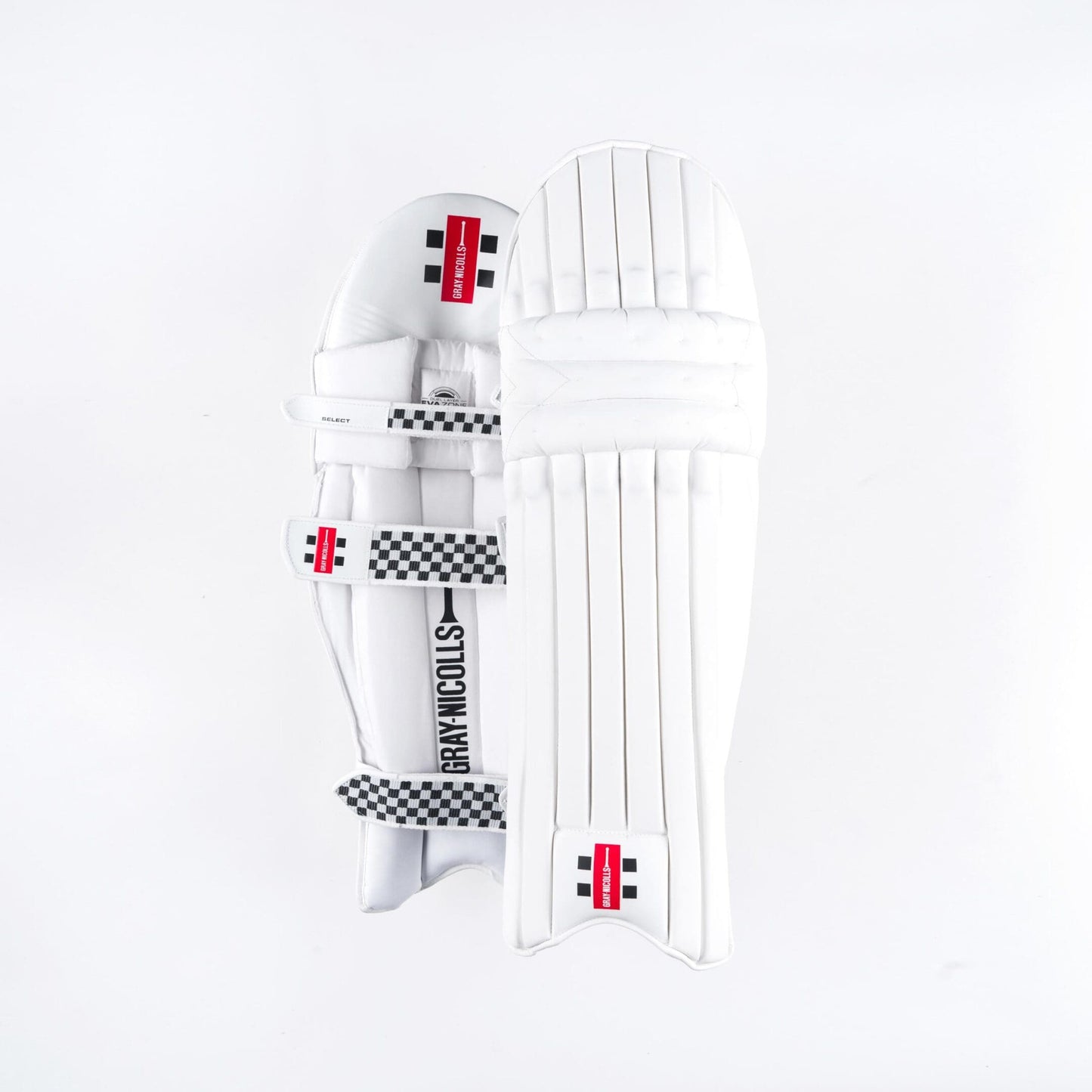 Gray-Nicolls Classic Select batting pads showing front and inner view with white outer shell and cushioned straps