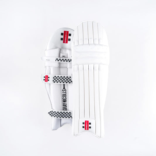 Gray-Nicolls Classic Select batting pads showing front and inner view with white outer shell and cushioned straps