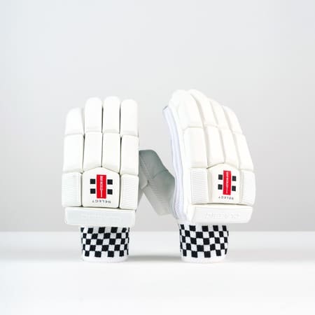 Front view of Gray-Nicolls Classic Select Batting Gloves with red logo and checkered wrist strap