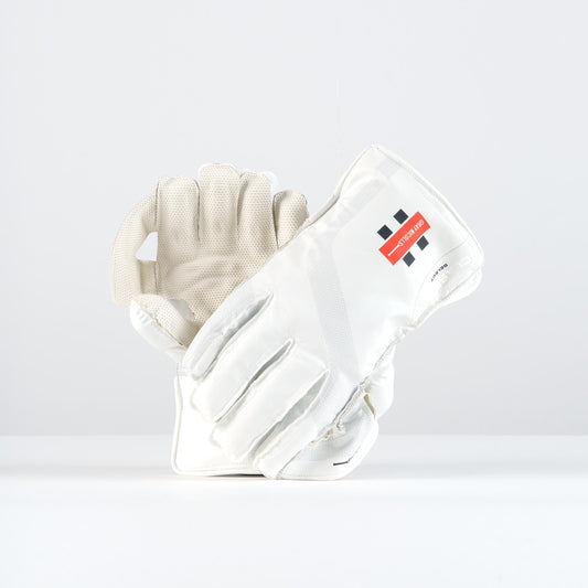 Gray-Nicolls Classic Select wicketkeeping gloves showing palm grip and backhand design with classic logo
