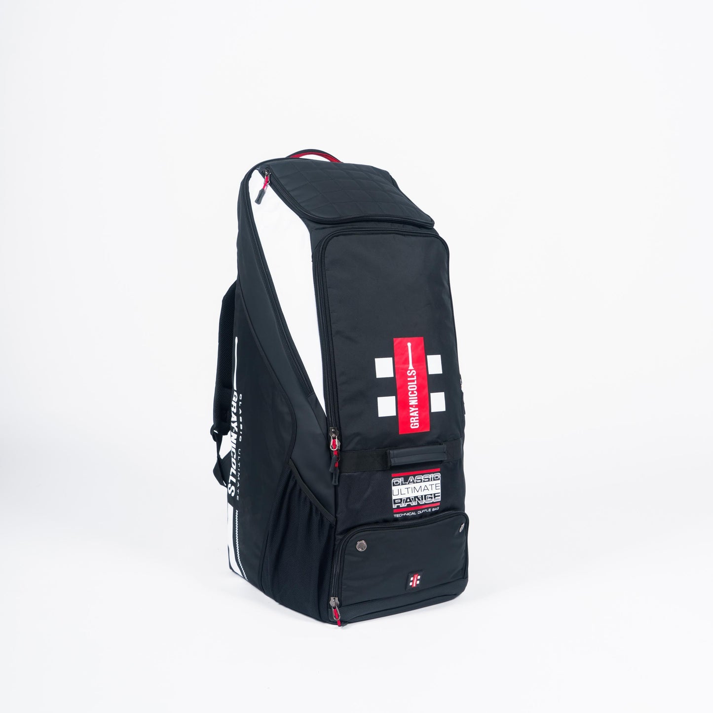 Front view of Gray-Nicolls Classic Ultimate duffle cricket bag in black with red and white branding