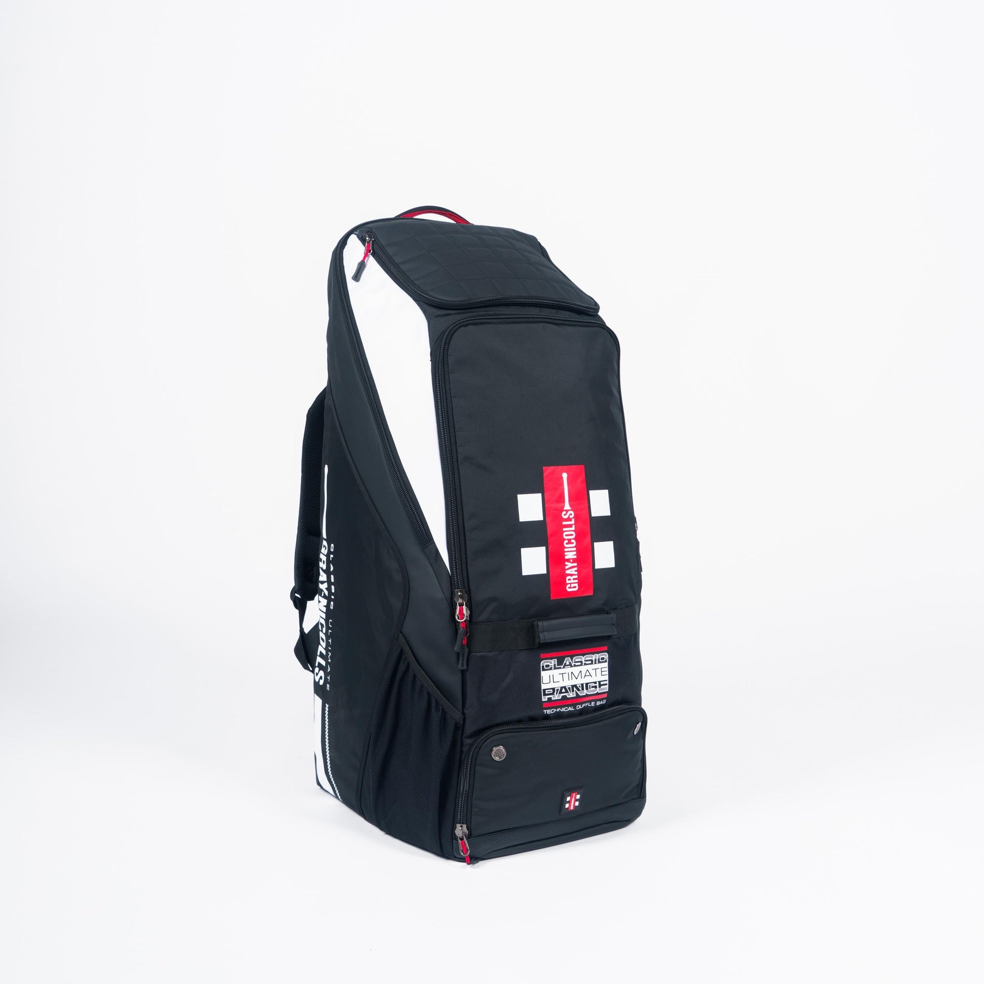 Front view of Gray-Nicolls Classic Ultimate duffle cricket bag in black with red and white branding