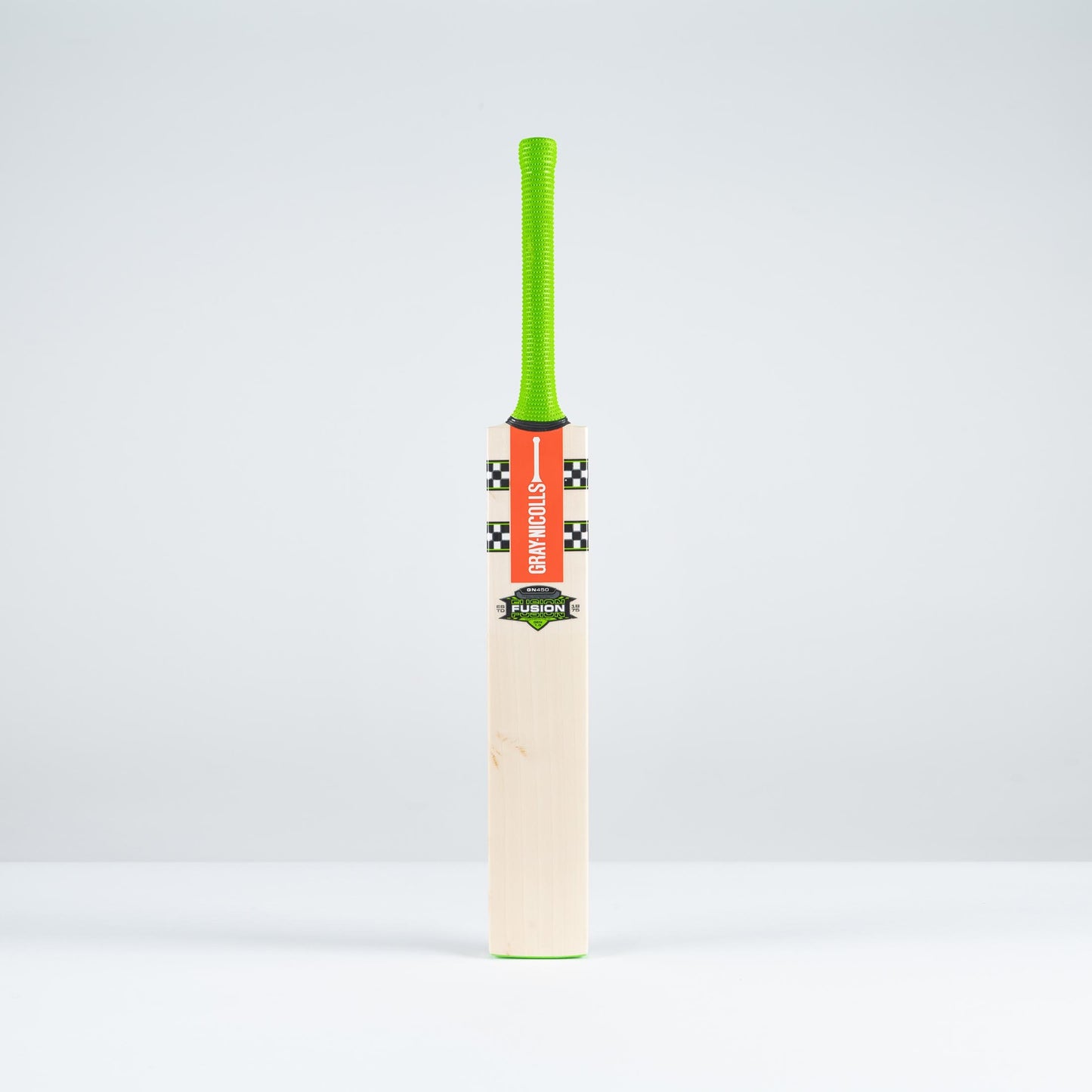 front view of Gray Nicolls Fusion GN450 cricket bat with neon green grip and red decals