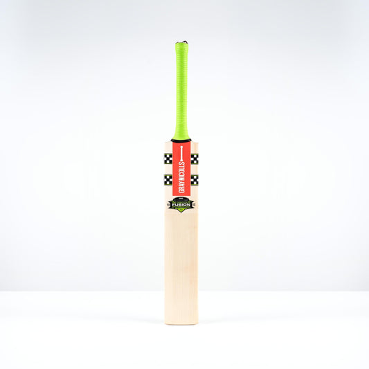 front view of Gray Nicolls Fusion Pro cricket bat with neon green grip and red decals