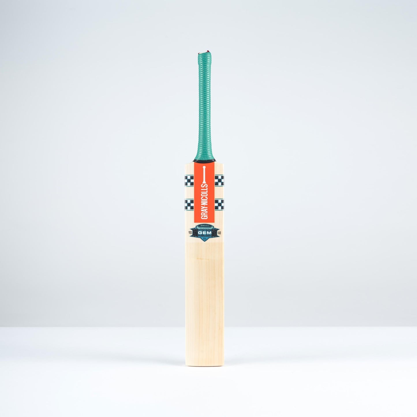 front view of Gray Nicolls Gem GN550 cricket bat with teal grip and red decals
