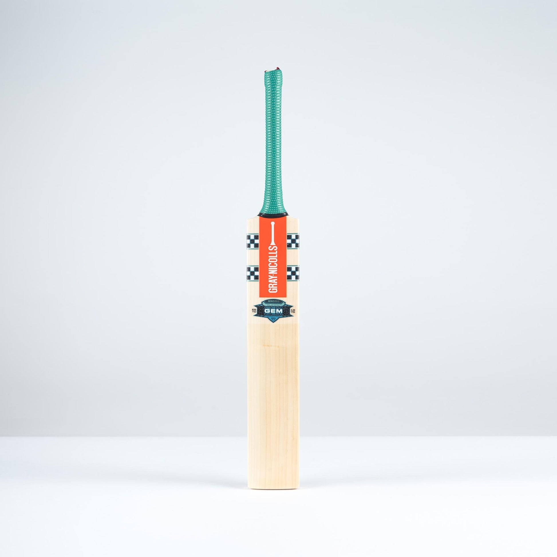 front view of Gray Nicolls Gem GN550 cricket bat with teal grip and red decals