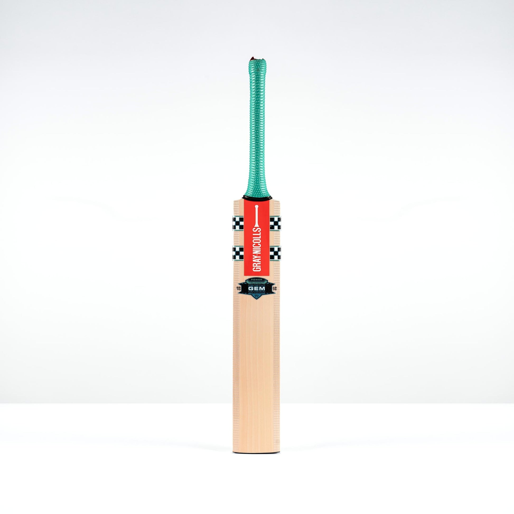 front view of Gray Nicolls Gem Power cricket bat with teal grip and red decals
