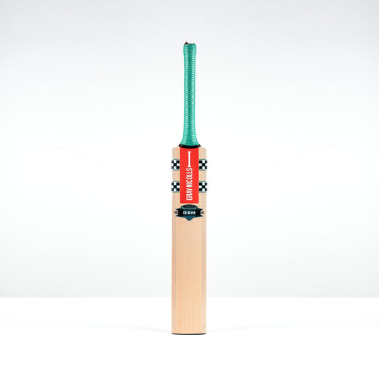 front view of Gray Nicolls Gem Power cricket bat with teal grip and red decals