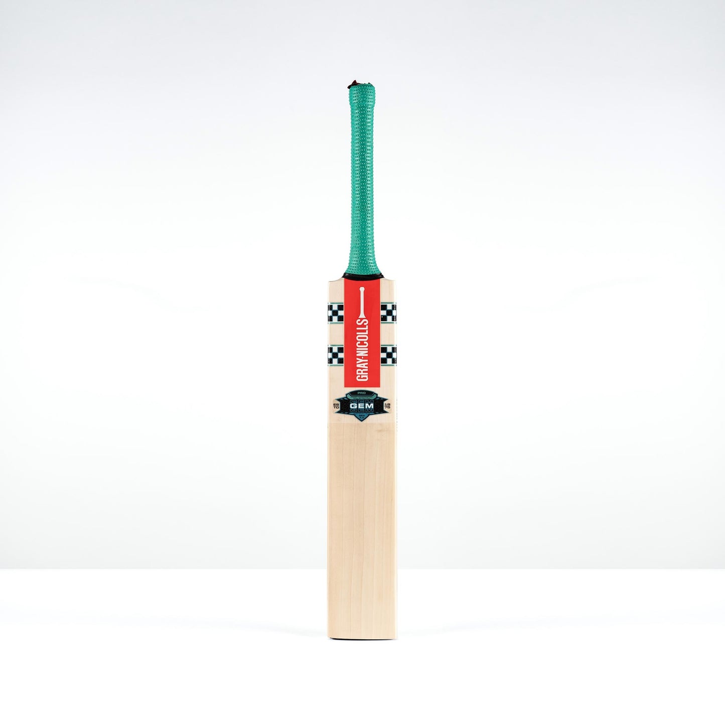 front view of Gray Nicolls Gem Pro cricket bat with teal grip and red decals