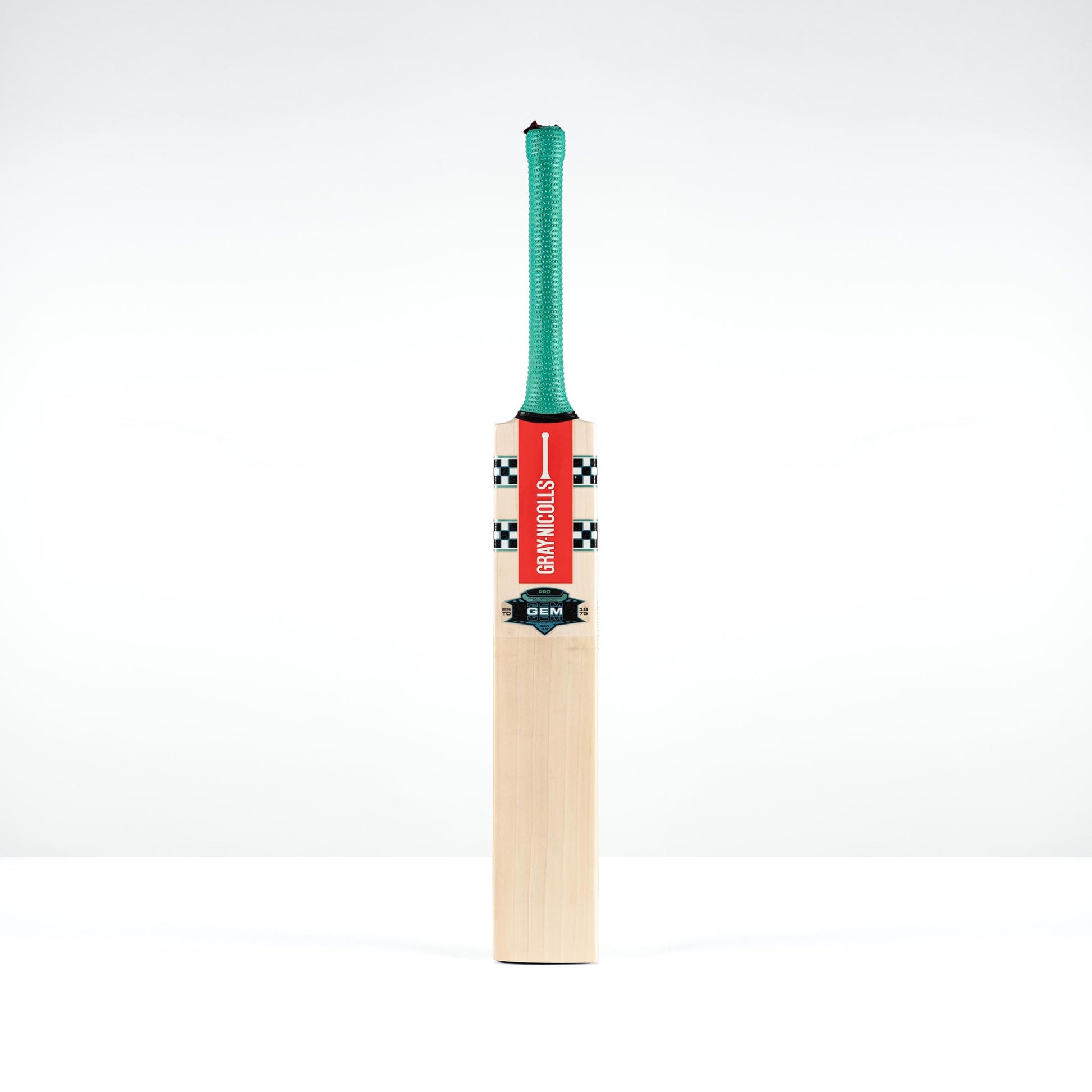 front view of Gray Nicolls Gem Pro cricket bat with teal grip and red decals