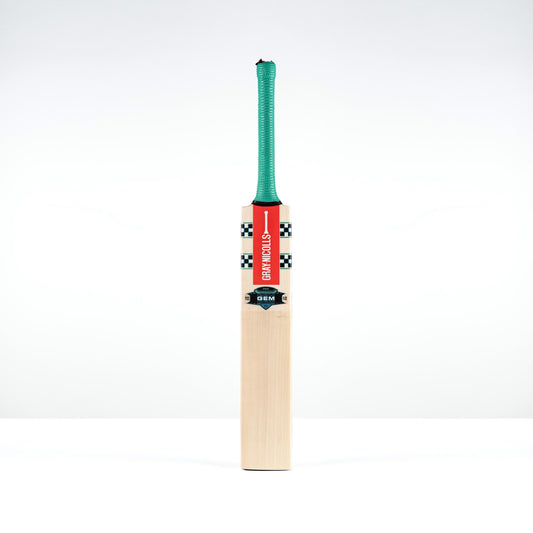 front view of Gray Nicolls Gem Pro cricket bat with teal grip and red decals