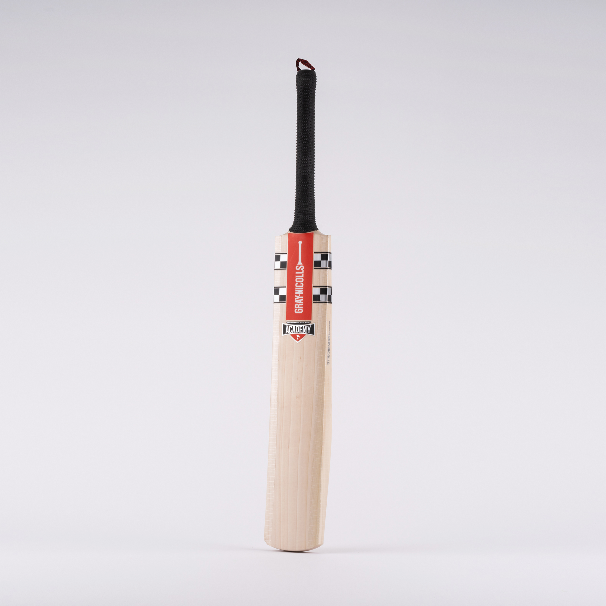 Front view of the Gray Nicolls GN Academy junior cricket bat showing the classic red and silver branding.