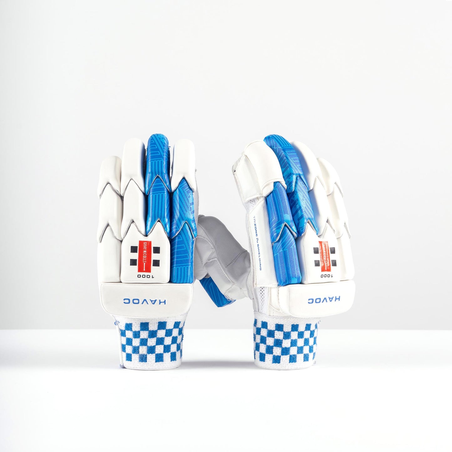 front view of Gray Nicolls Havoc 1.0 batting gloves showing split-finger design and blue detailing
