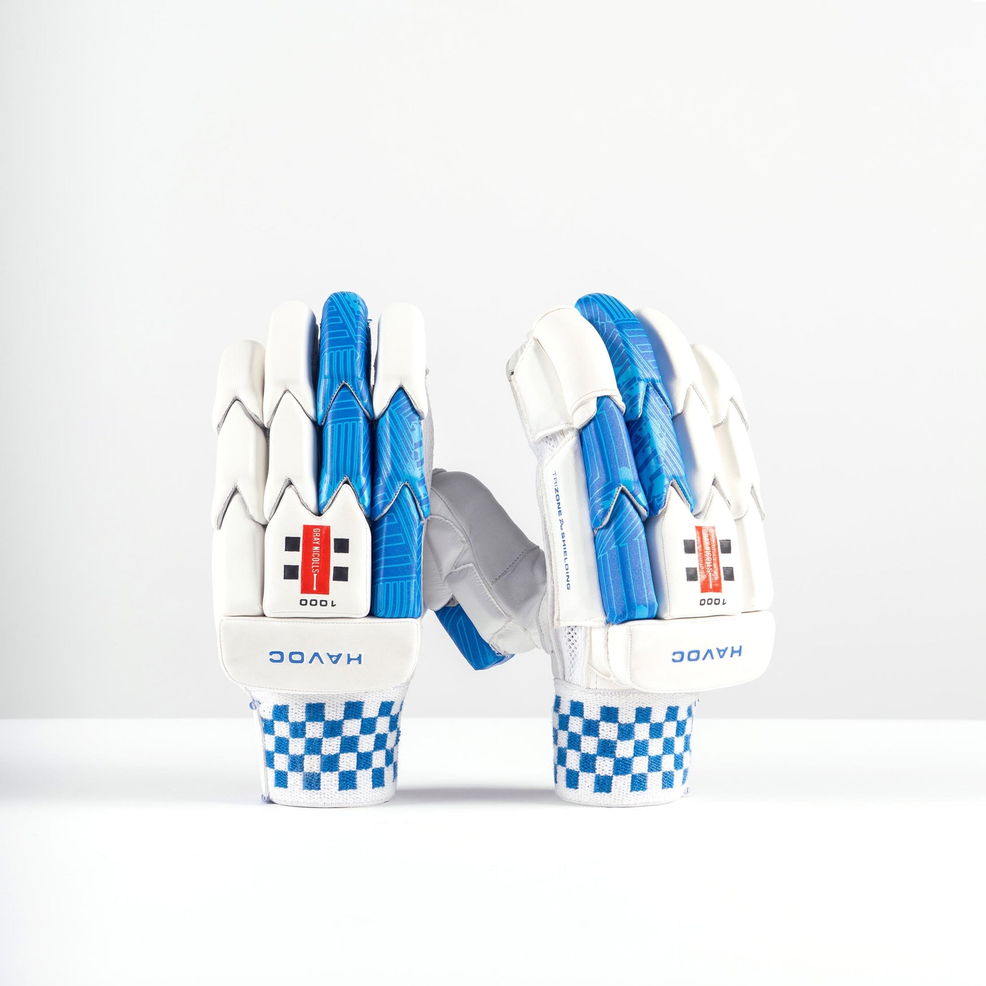 front view of Gray Nicolls Havoc 1.0 batting gloves showing split-finger design and blue detailing