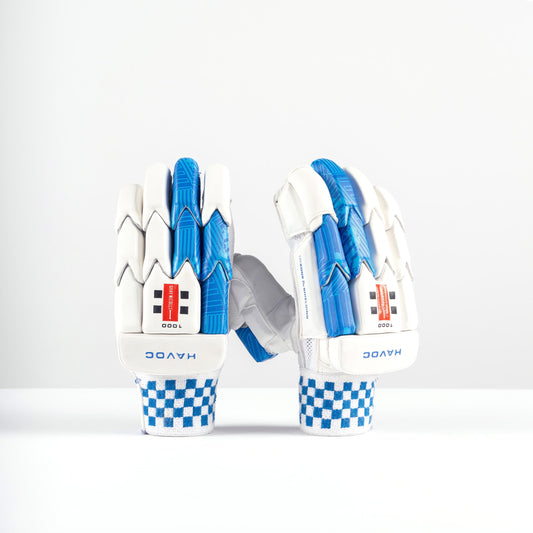 front view of Gray Nicolls Havoc 1.0 batting gloves showing split-finger design and blue detailing