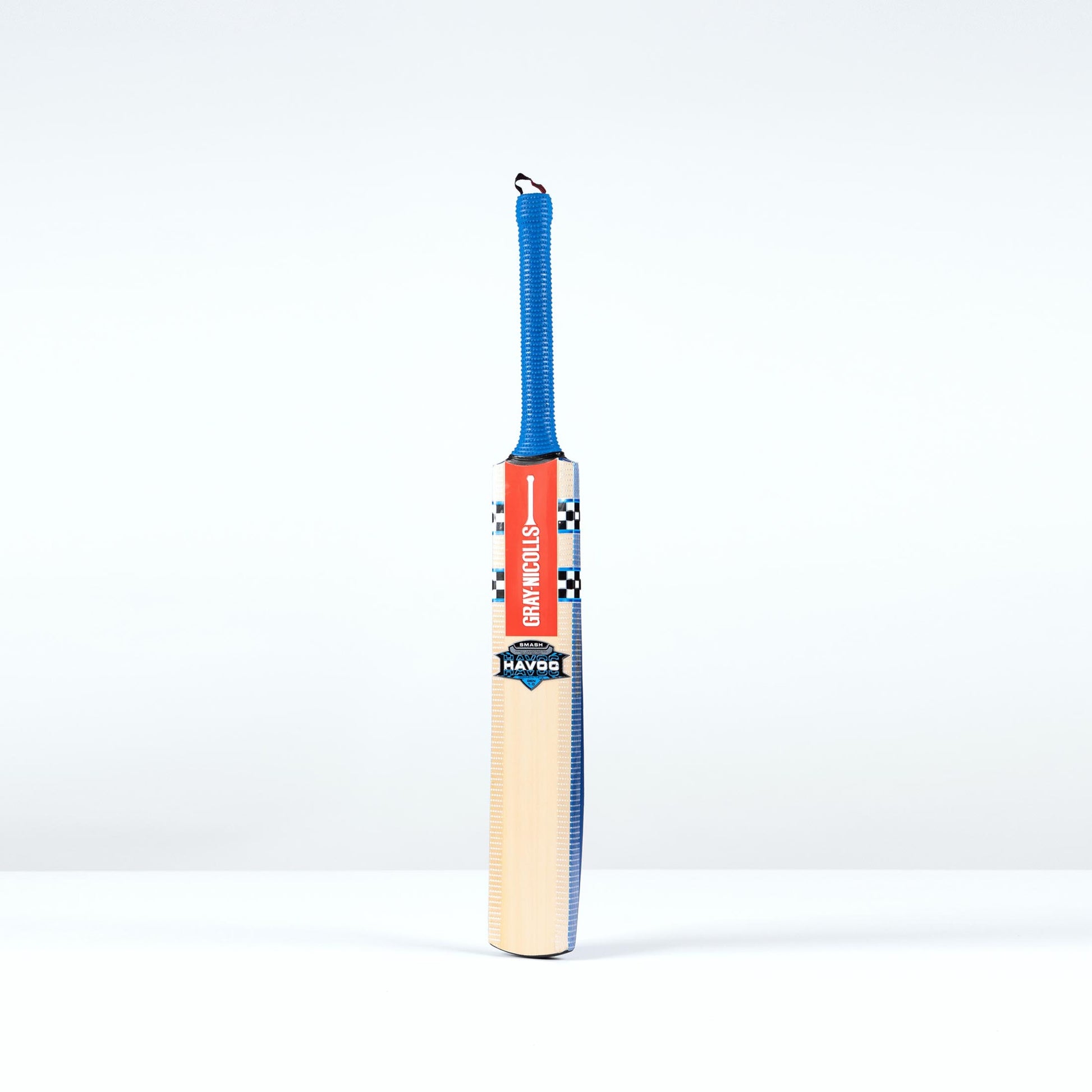 Front Angled view of the Gray Nicolls Havoc 1.0 Smash Junior Cricket Bat with blue grip and natural blade