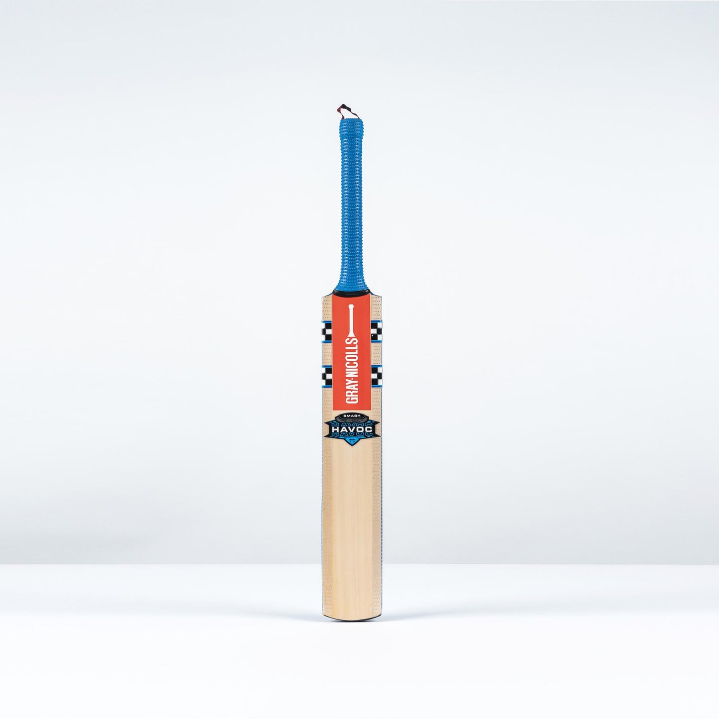 Front view of the Gray Nicolls Havoc 1.0 Smash Junior Cricket Bat with blue grip and natural blade