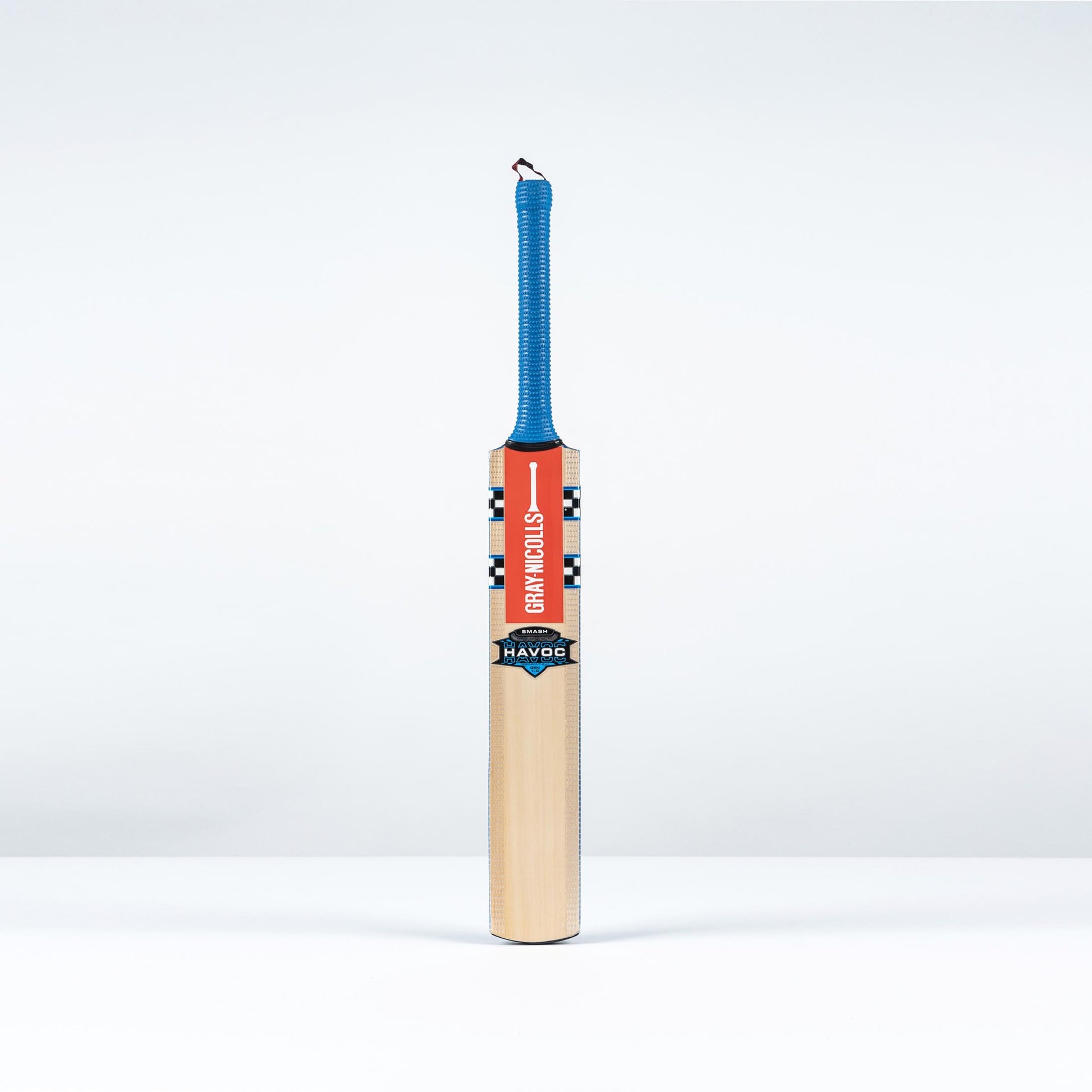 Front view of the Gray Nicolls Havoc 1.0 Smash Junior Cricket Bat with blue grip and natural blade