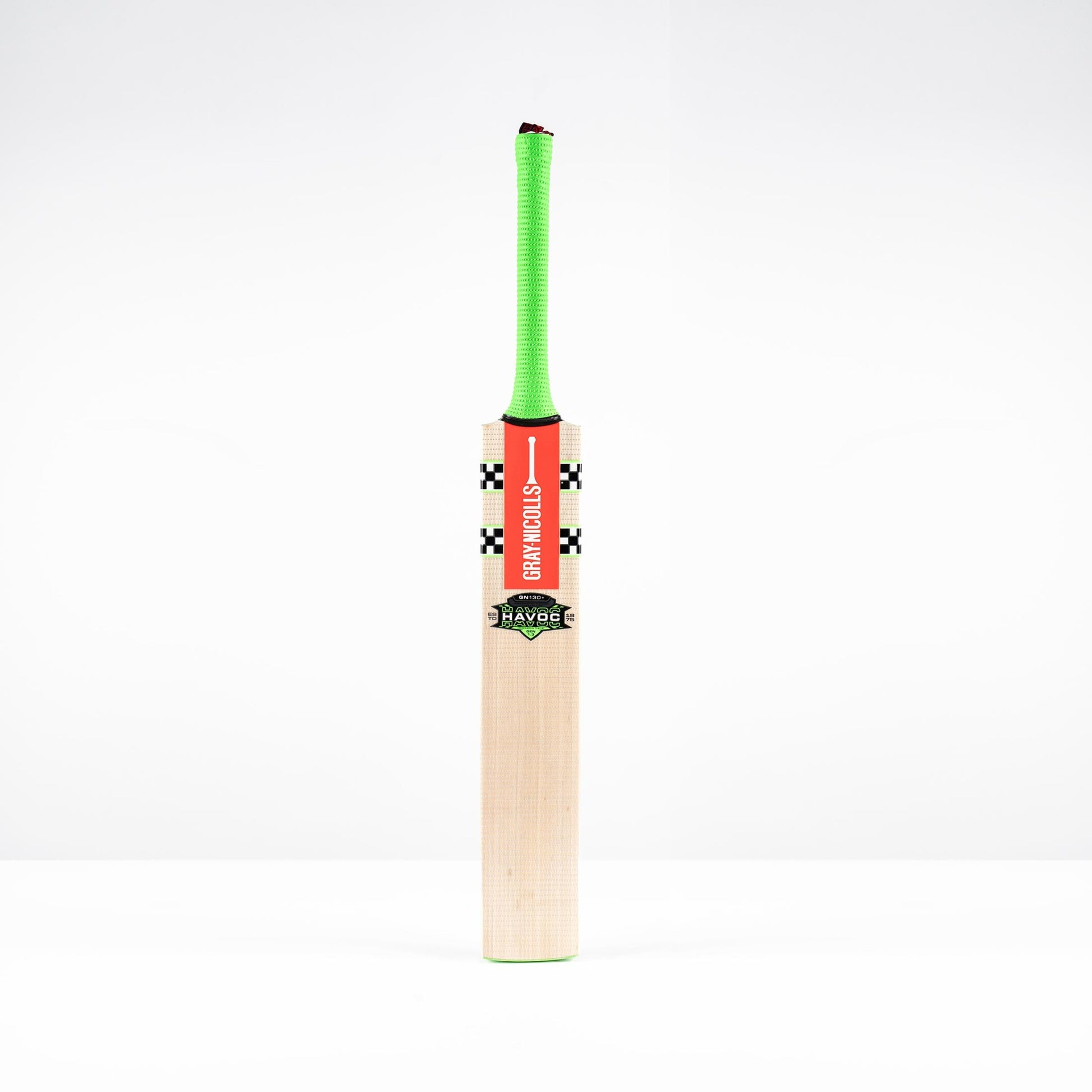 Front view of the Gray Nicolls Havoc Gen 1.3 mini cricket bat with green handle and Havoc branding.