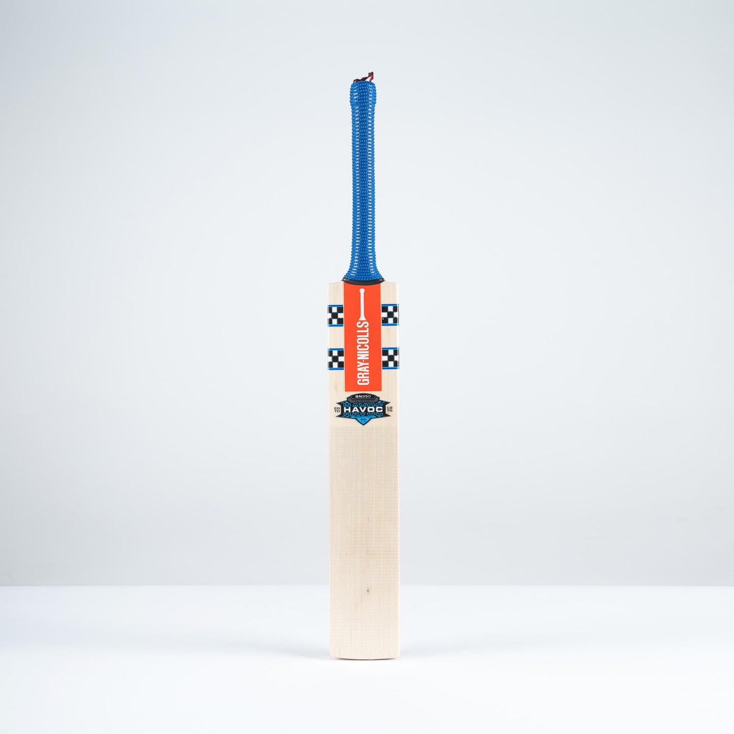 Front view of the Gray Nicolls GN350 Havoc Gen 1 cricket bat with blue handle