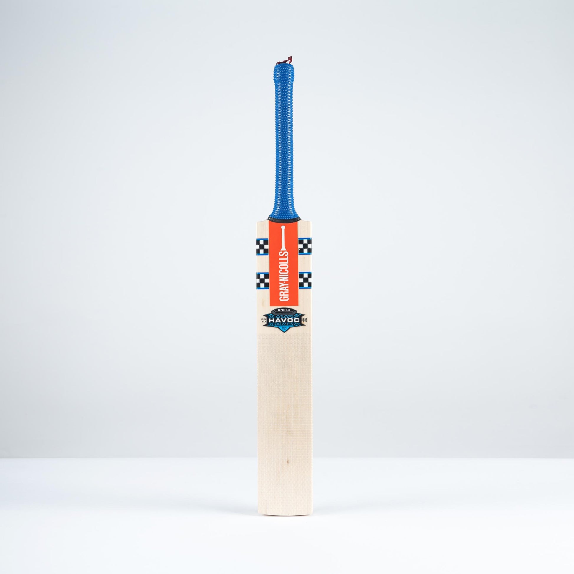Front view of the Gray Nicolls GN350 Havoc Gen 1 cricket bat with blue handle
