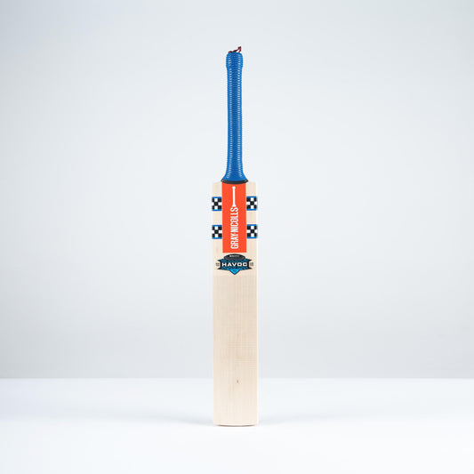 Front view of the Gray Nicolls GN350 Havoc Gen 1 cricket bat with blue handle