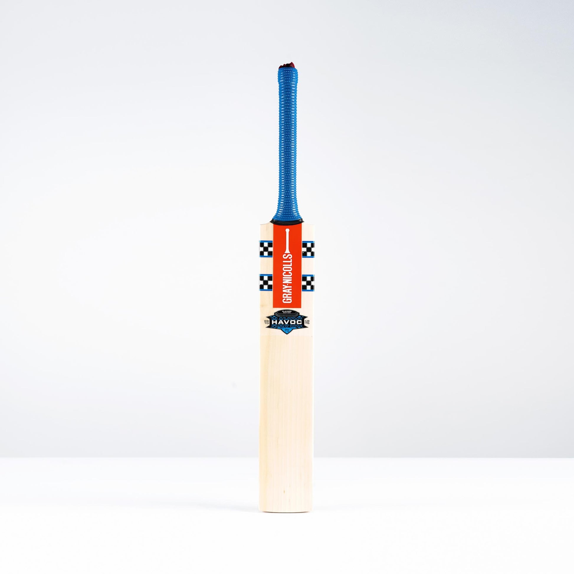 Alternate front view of Gray-Nicolls Havoc Gen 1.0 Players Edition bat with blue handle