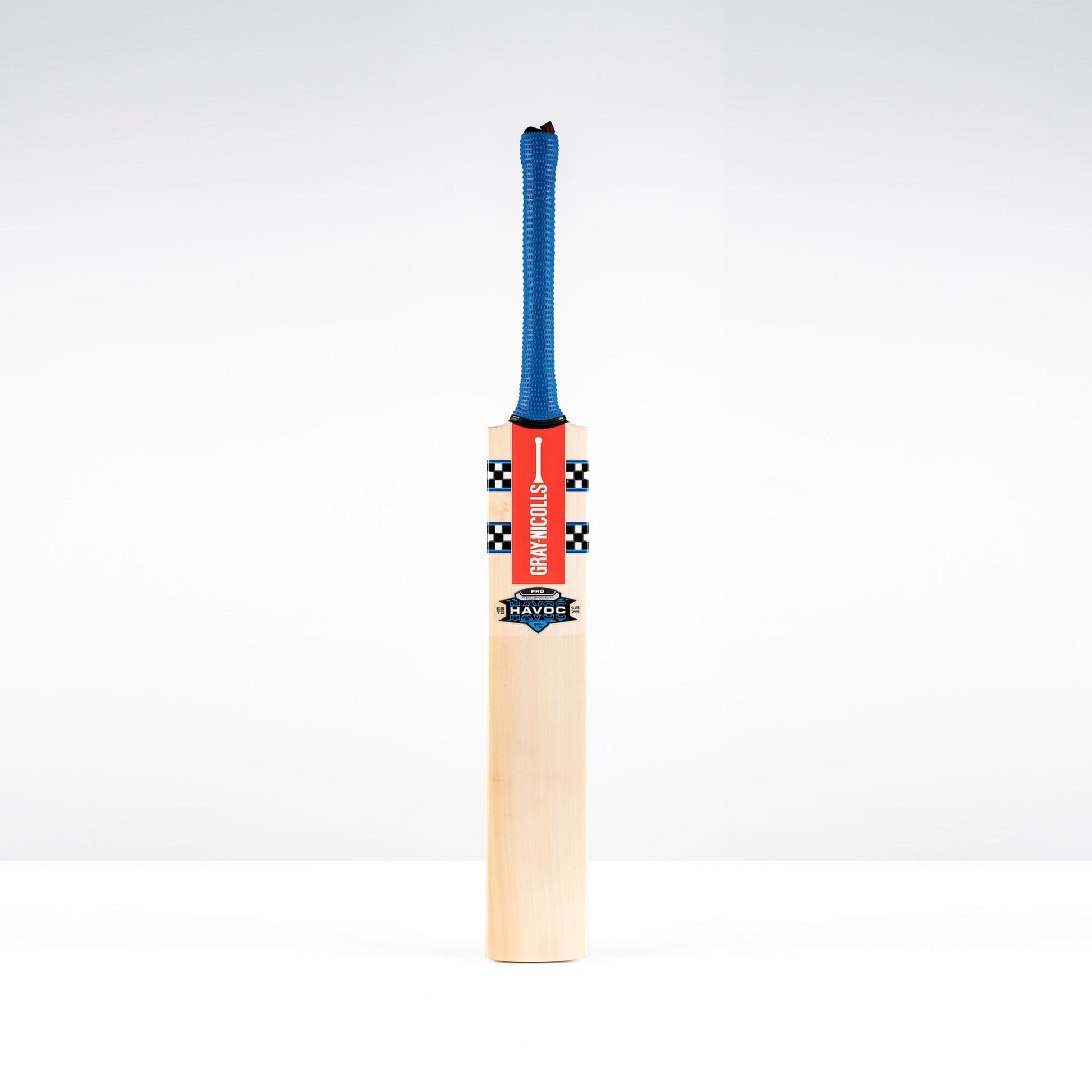 Front view of Gray-Nicolls Havoc Gen 1.0 Pro Senior cricket bat with blue handle