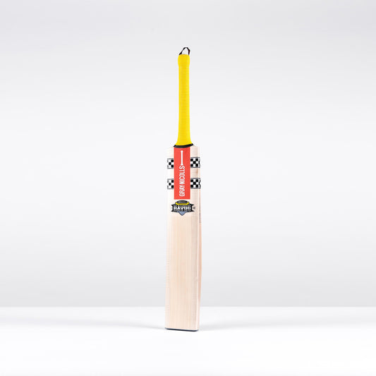 front view of Gray Nicolls Havoc HB317 GN330+ cricket bat with yellow grip and red decals