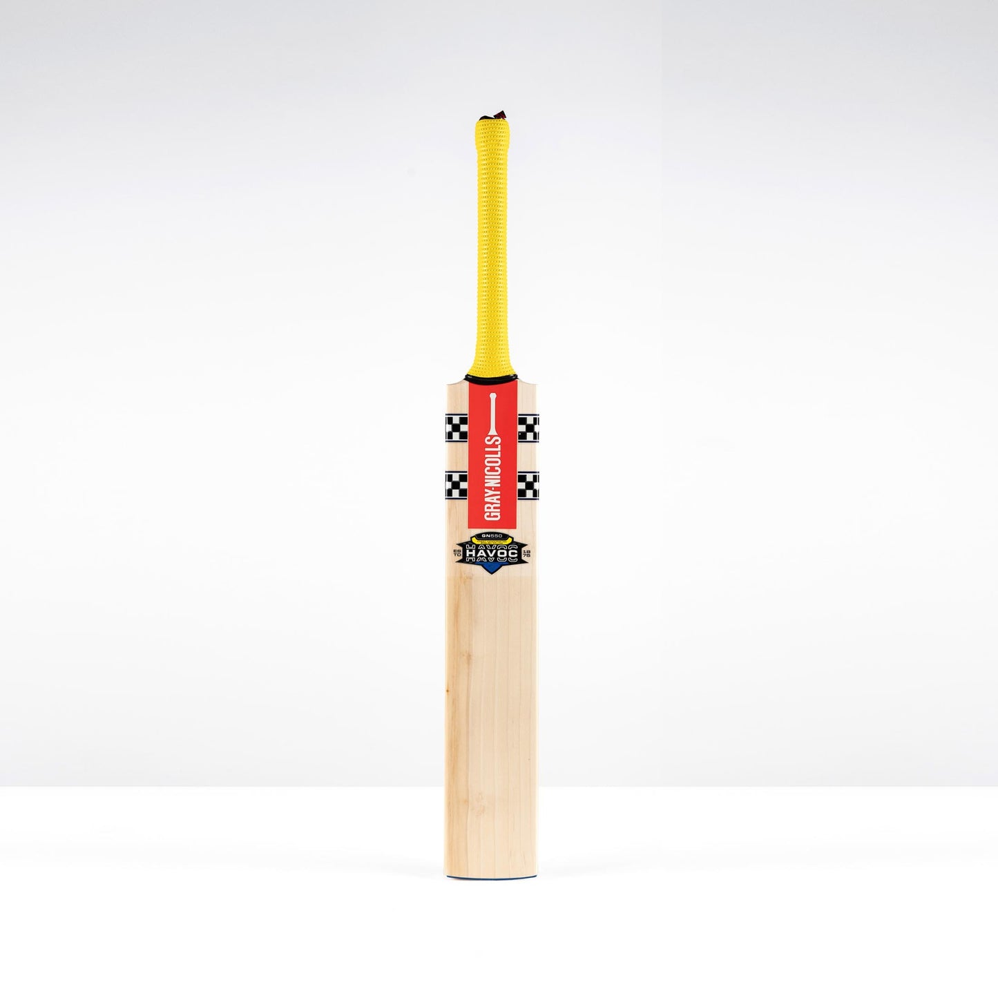 front view of Gray Nicolls Havoc HB317 GN550 cricket bat with yellow grip and red decals
