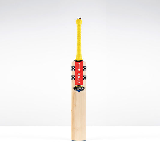 front view of Gray Nicolls Havoc HB317 GN550 cricket bat with yellow grip and red decals